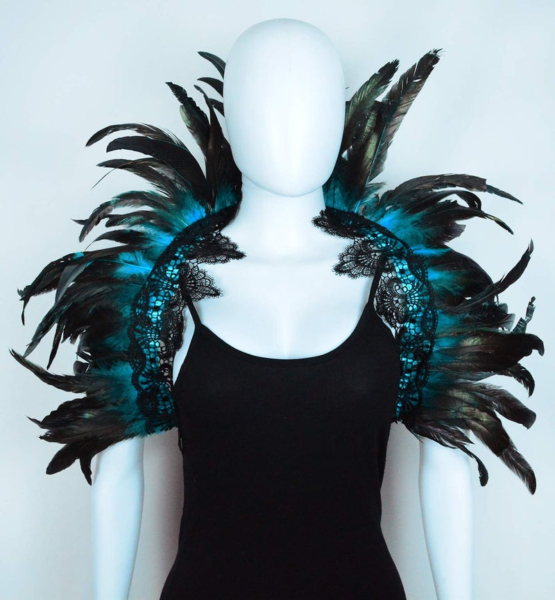 L'VOW Black Crow Feather Cape Shawl Stand Up Collar Halloween Devil Wings Witch Costume (Acid blue) - Image 3